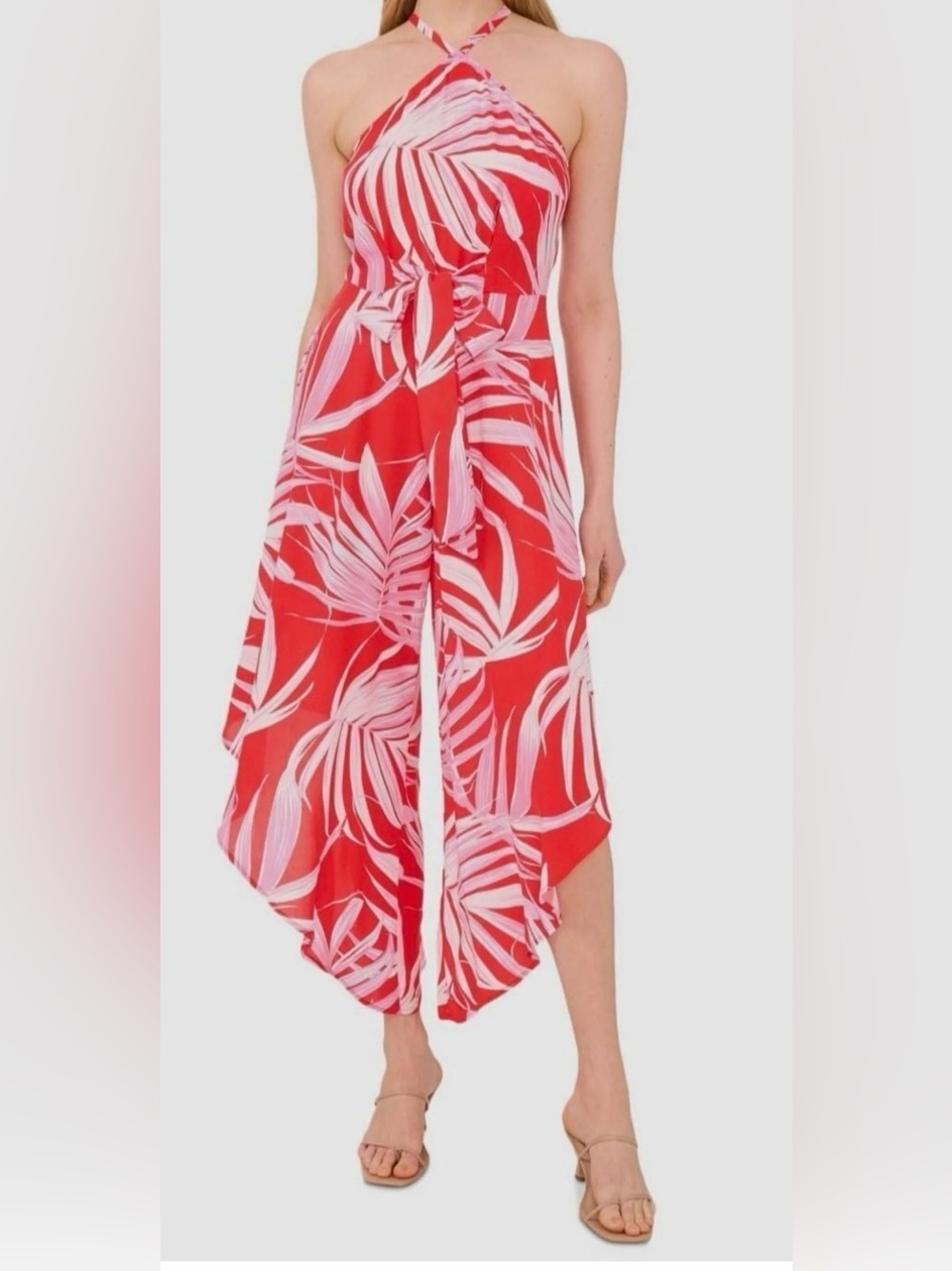 NWT MSK Poppy Red/Pink/White Tropical Print Jumpsuit, Size: XL, NWT